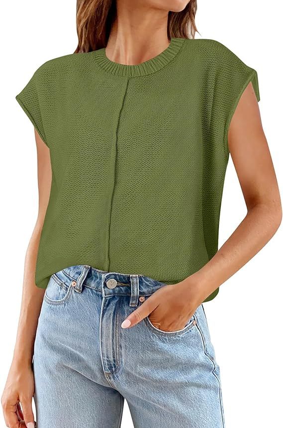 MEROKEETY Women's Summer Cap Sleeve Crewneck Tops Casual Loose Fit Knit Sweater Pullover Tank Top | Amazon (US)