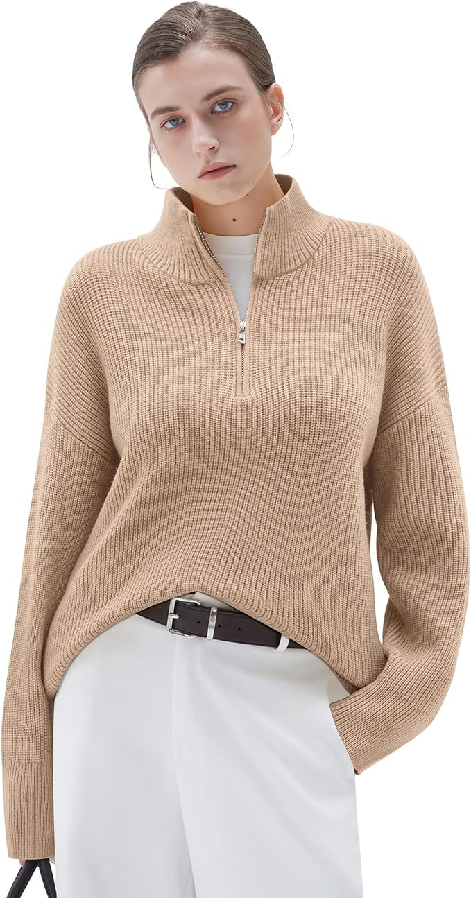 SUUKSESS Women Oversized Cashmere Blend Quarter Zip Pullover Sweater Long Sleeve Collared Ribbed ... | Amazon (US)