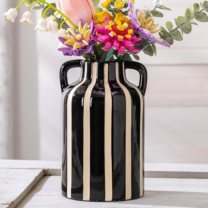 SURE YUESI Black Ceramic Vase with Handles, Modern Farmhouse Striped Decorative Vase, 9.1" Art De... | Amazon (US)