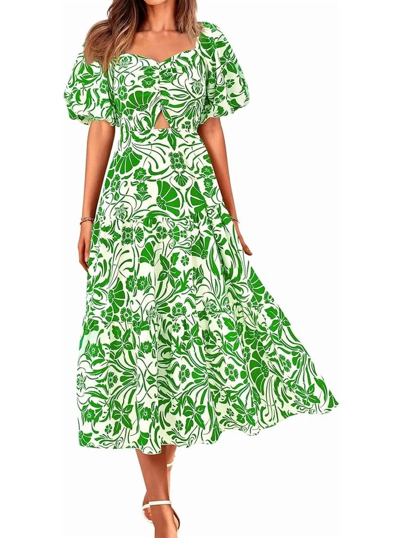 BTFBM Summer Dresses for Women Spring Outfits Beach Vacation Short Sleeve Smocked Boho Casual Flo... | Walmart (US)