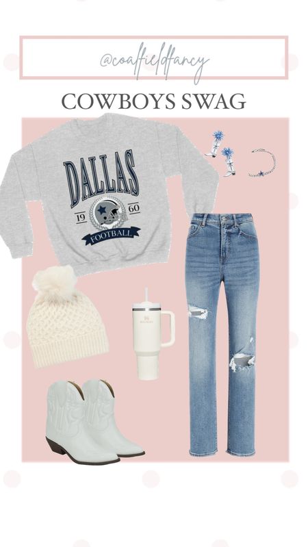Dallas Cowboys Sweatshirt
Light distressed straight jeans
White boots
Stanley cup
Cowboys jewelry


#LTKunder50