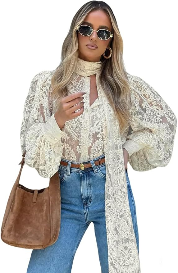 Lace Tops for Women Trendy Puff Sleeve Blouse with Long Attached Scarf Business Casual Tops | Amazon (US)