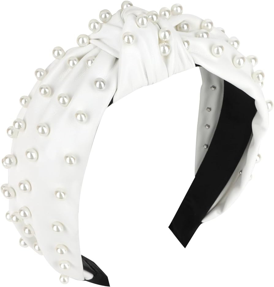 YISSION 1PC Pearl Knotted Headband for Women Non Slip Beaded Headband Wide Leather Headbands for ... | Amazon (US)