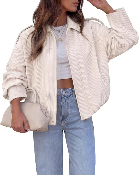 Fisoew Womens Cropped Corduroy Shackets Casual Zip Up Stand Collar Long Sleeve Fall Oversized Sho... | Amazon (US)