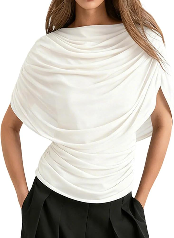 Women Dressy Draped Half Cape Sleeve Ruched Waist Tee Shirt Top Flowy Sheer Mesh Panel Boat Neck ... | Amazon (US)