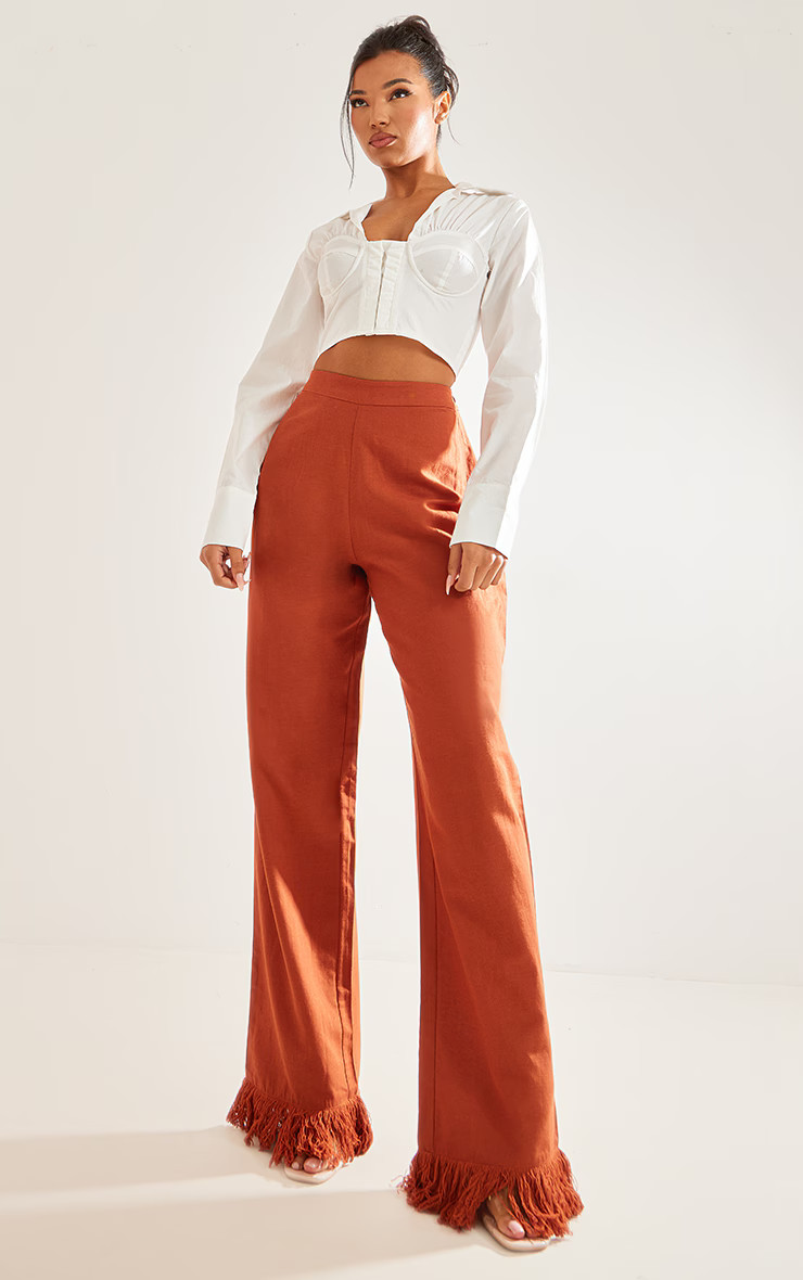 Burnt Orange Linen Look Tassle Hem Wide Leg Pants | PrettyLittleThing US