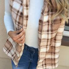Women's Plaid Print Zip-Up Fuzzy Vest Jacket, Autumn Fall Clothes | SHEIN