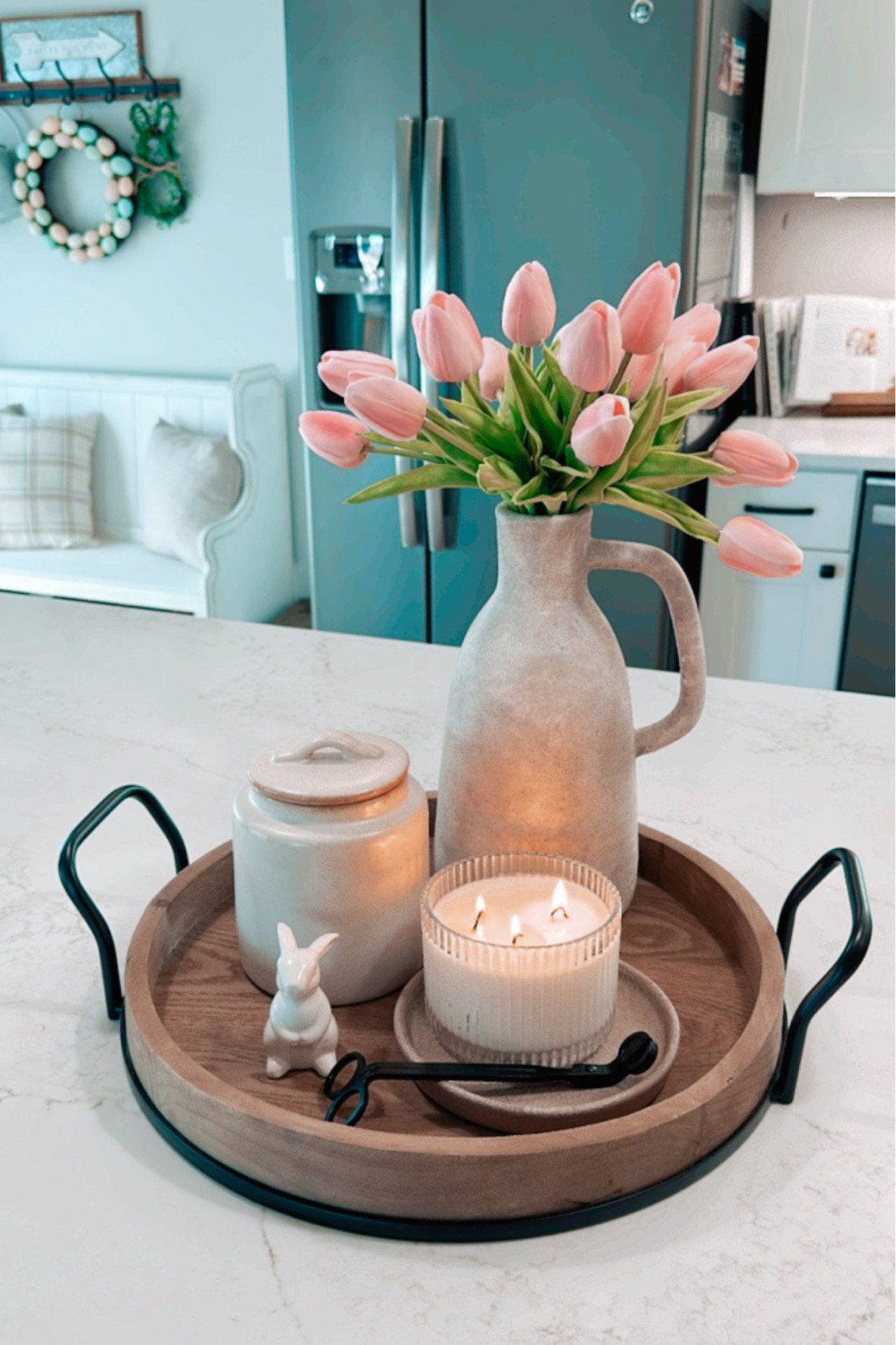 Loving this subtle Easter set up for my island! 🌷🐰✨
#easter #easterdecor #fauxflowers #fauxtulips #artificialflowers #islandtray #kitchen #kitchentray #kitchendecor

#LTKFind #LTKSeasonal #LTKhome