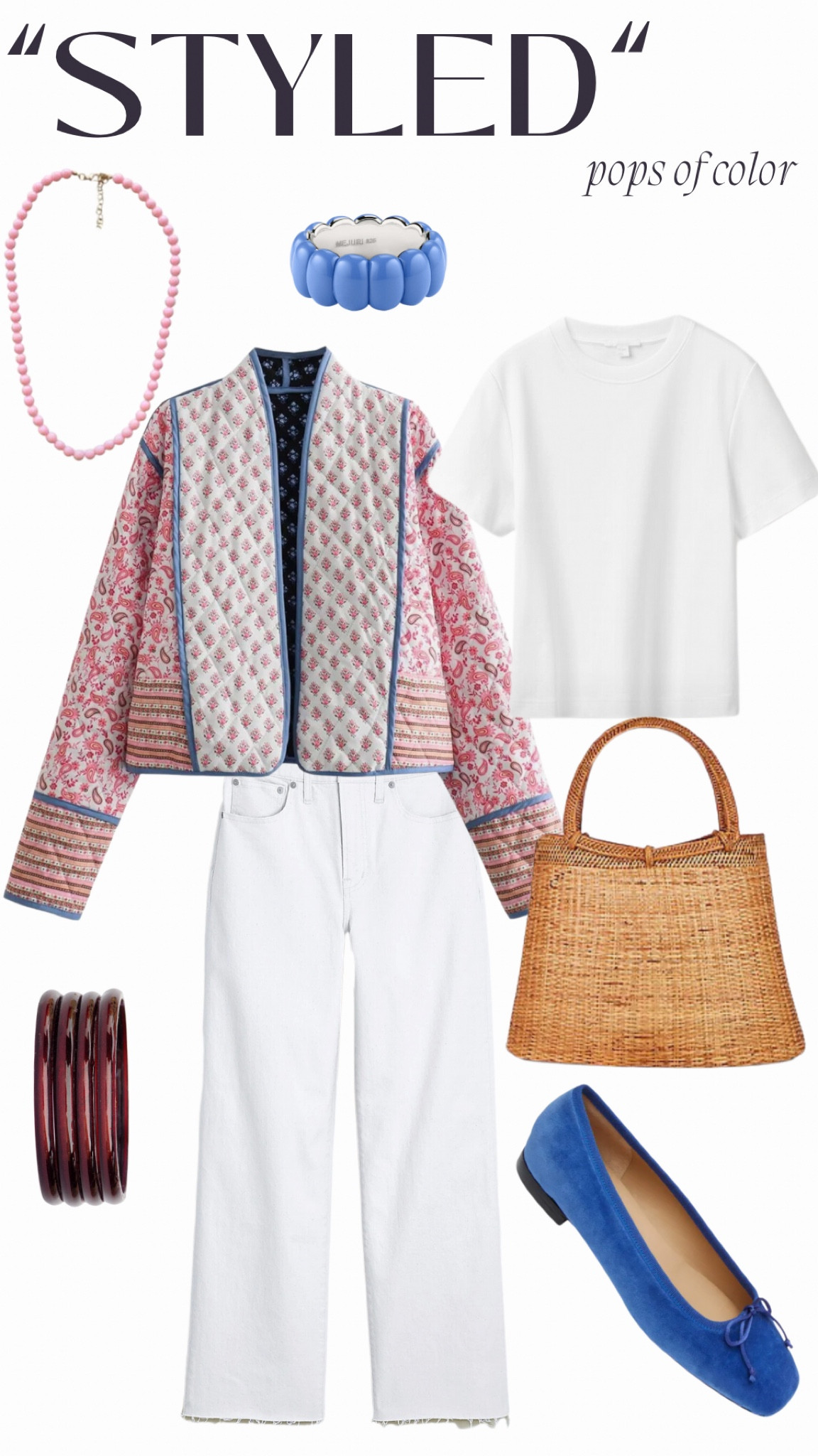 “Styled” pops of color

Cropped Quilted Jacket & maroon bangles: Amazon
White Wide Leg Crop Jean: Madewell
White Tee: Cos
Blue Velvet Flat: Ann Mashburn
Blue Enamel Ring: Mejuri
Rattan Bag: Casa Clara
Pink Necklace: Mejuri

#LTKitbag

#LTKstyletip #LTKSeasonal #LTKshoecrush