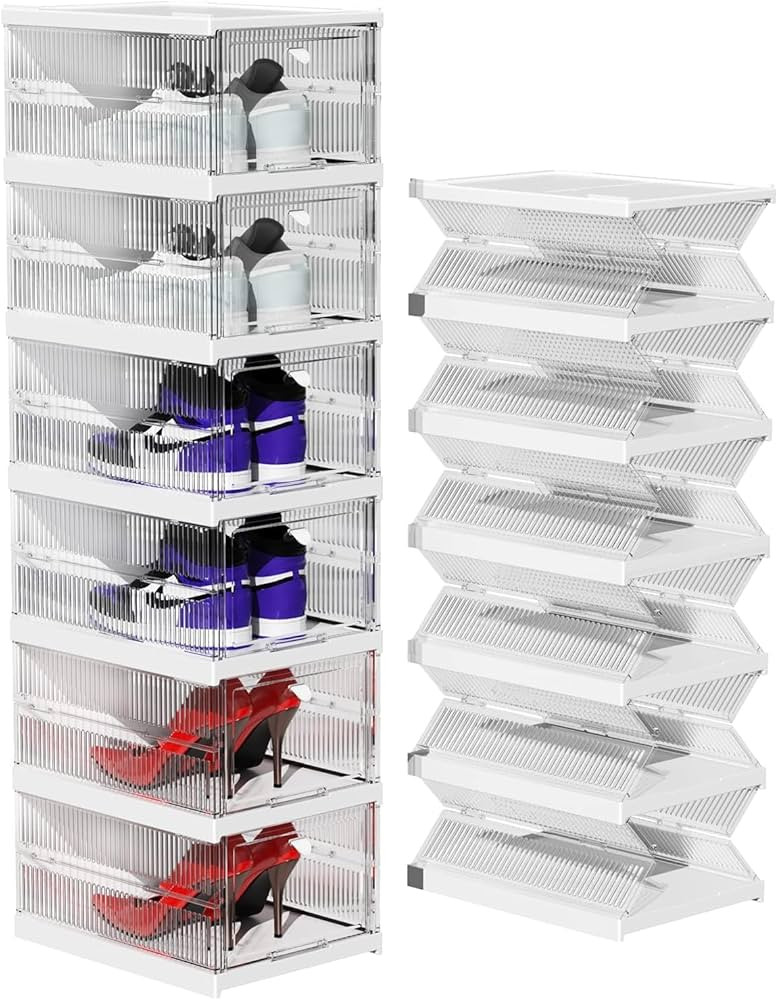Shoe Boxes Clear Plastic Stackable, Shoe Storage Organizer Boxes Easy Installation All in One Sho... | Amazon (US)