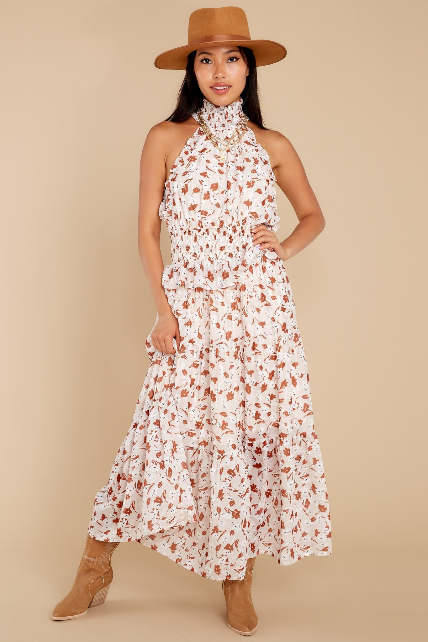 Elena Cream Floral Midi Dress | Red Dress 