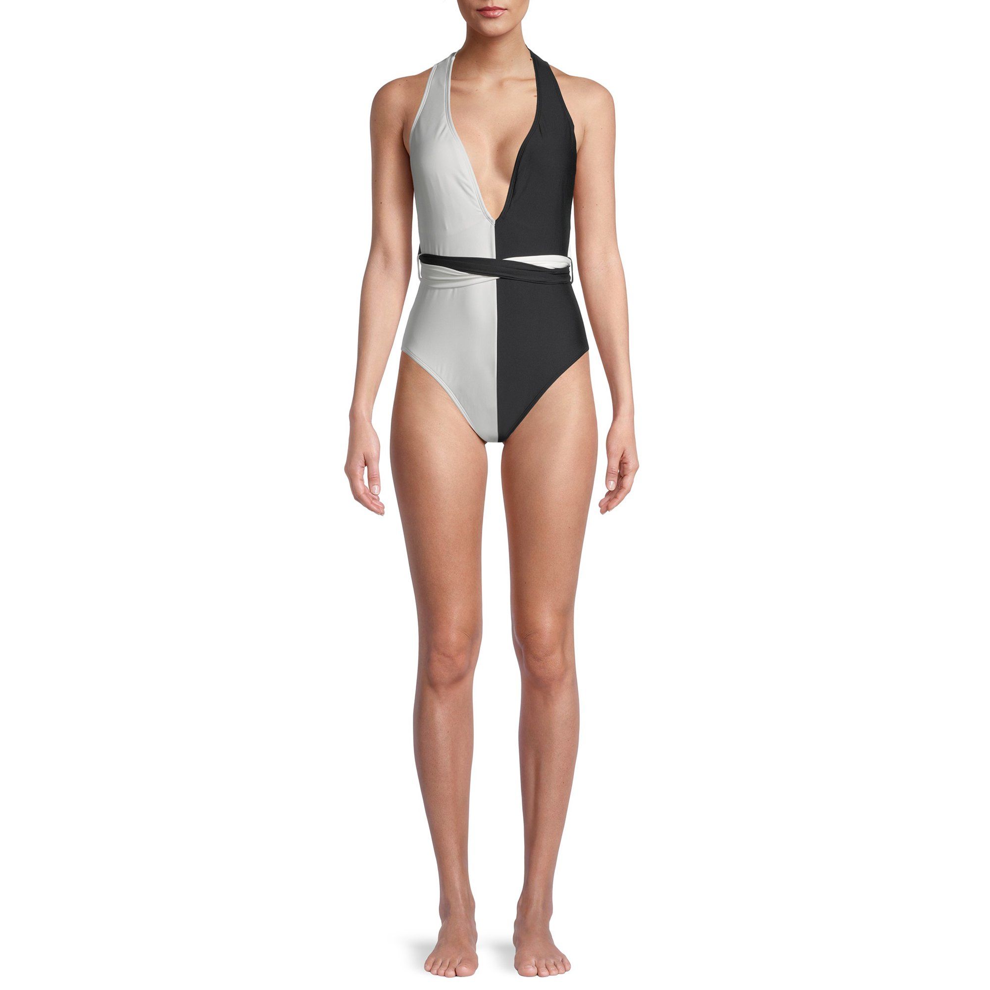 Time and Tru Women's Black and White Colorblock One-Piece Swimsuit | Walmart (US)