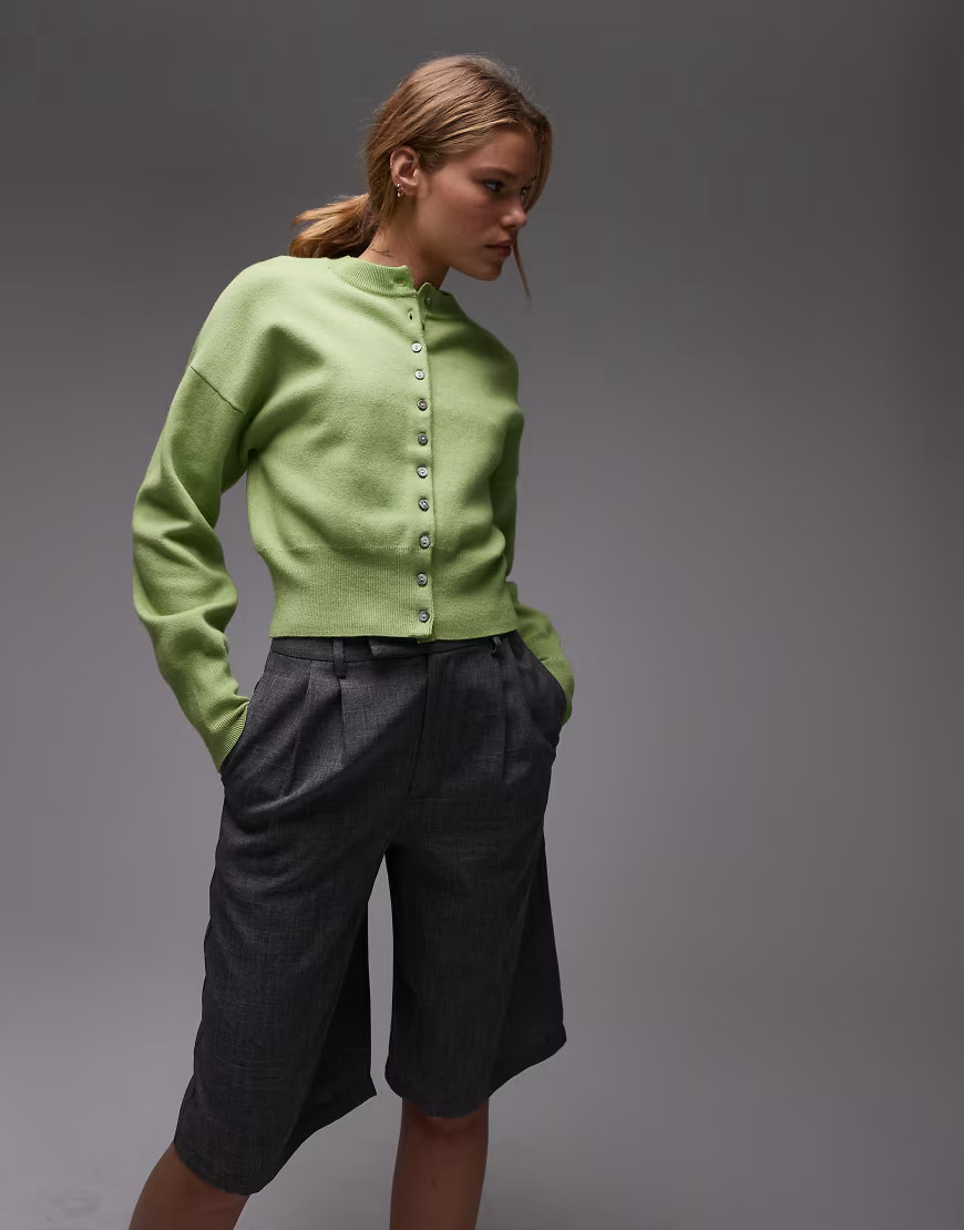Topshop knitted compact fitted waist cardi in green | ASOS (Global)