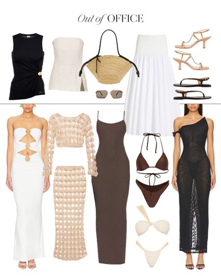 Out of Office | Chic neutral vacation pieces 🤎 crochet cover-up set, off the shoulder sheer black dress, brown body con dress, drop waist white skirt, black top with metal embellishment, linen strapless top, straw tote bag, brown sandals, cream striped bikini 

#LTKSwim