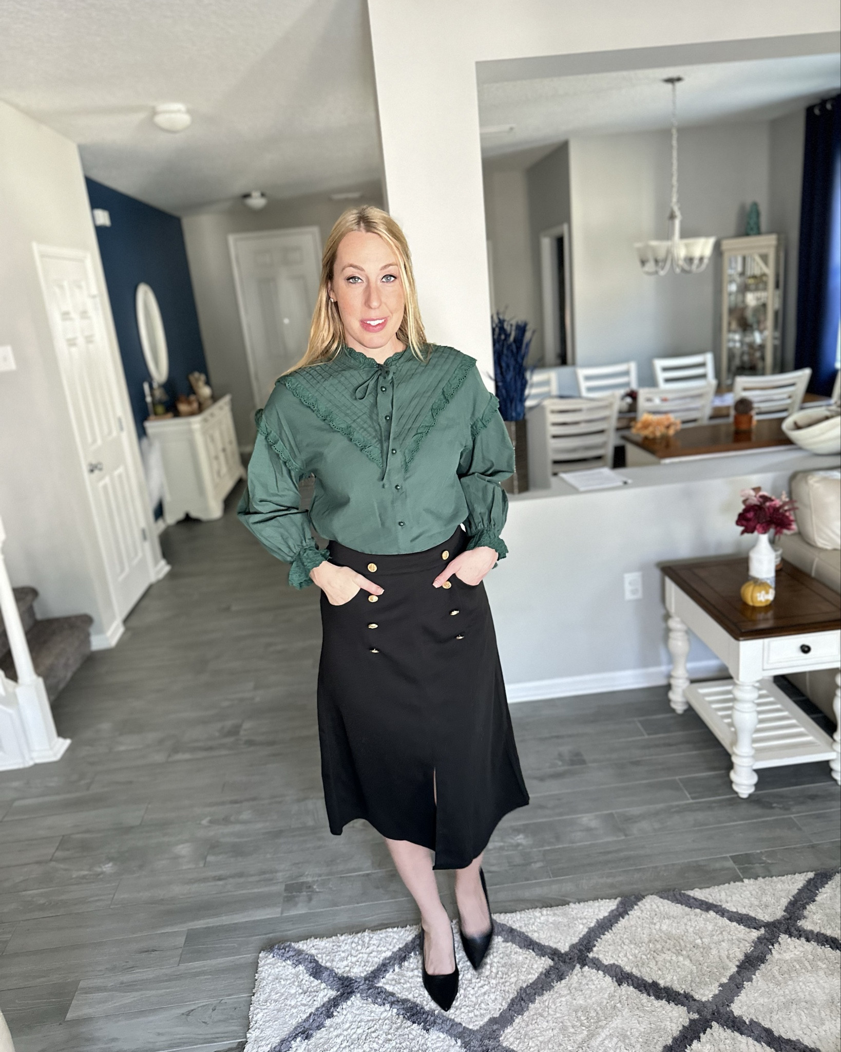 Such a cute teacher inspo outfit
🖤 loose fitting blouse, wearing size small, fits true to size
🖤 elastic band in the skirt, midi fit and fits true to size

#LTKFindsUnder50 #LTKStyleTip #LTKWorkwear