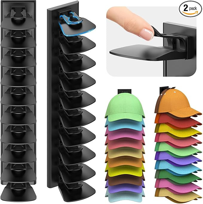 Hat Organizer for Baseball Caps, 2 Pack Hold Up to 40 Hats, Hat Rack for Wall Space Saving, Hat H... | Amazon (US)