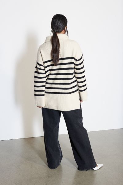 Rib-knit Half-zip Sweater - Cream/striped - Ladies | H&M US | H&M (US + CA)
