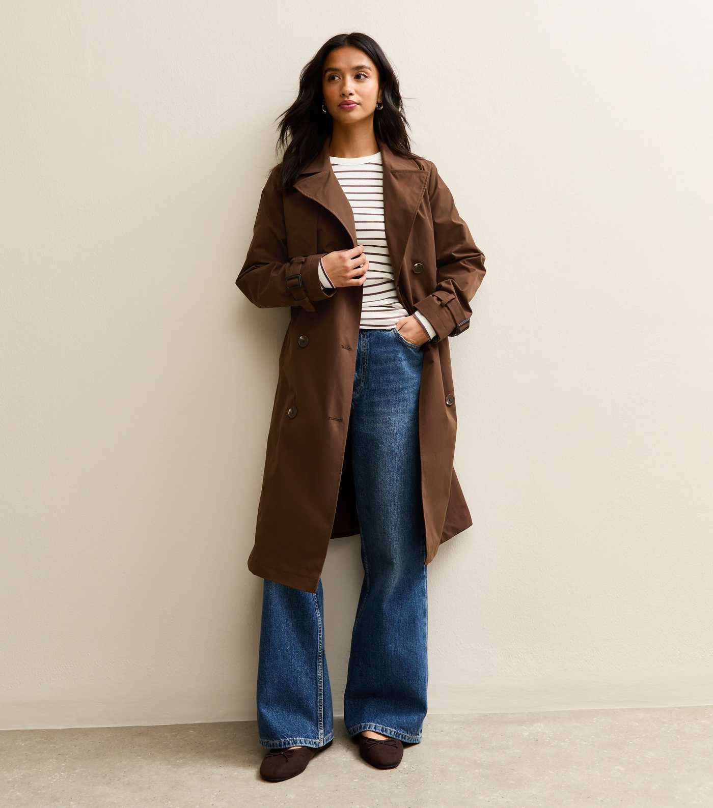 Petite Dark Brown Double Breasted Belted Mac Coat | New Look | New Look (UK)