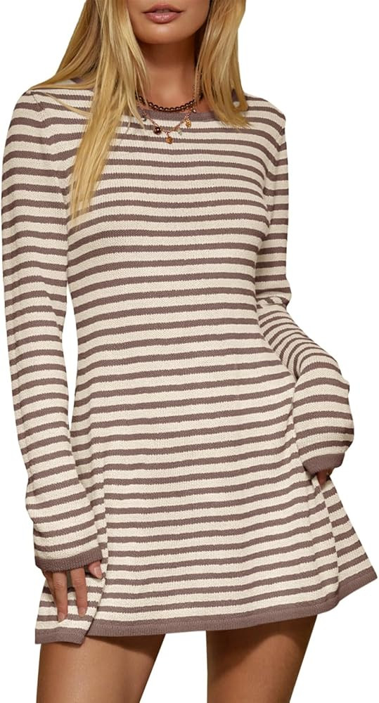 Saodimallsu Womens Striped Pullover Sweater Crew Neck Fall Long Sleeve Trendy Casual Ribbed Knit ... | Amazon (US)