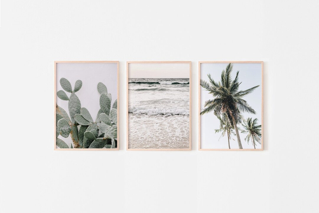 3 Piece Wall Art, Cactus Ocean Prints Set, Palm Tree Photography, Minimalist Landscape Set, Print... | Etsy (US)