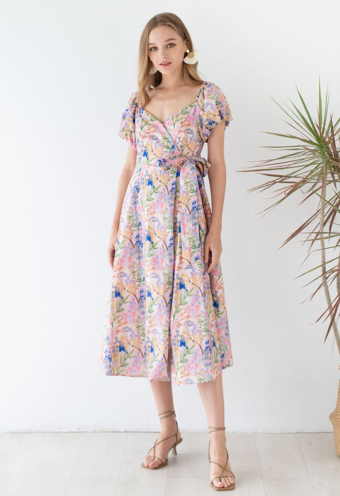 Floral Painting Wrap Dress in Pink | Chicwish