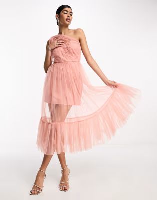 Lace & Beads Bridesmaid sheer one shoulder tulle midi dress in blush | ASOS | ASOS (Global)