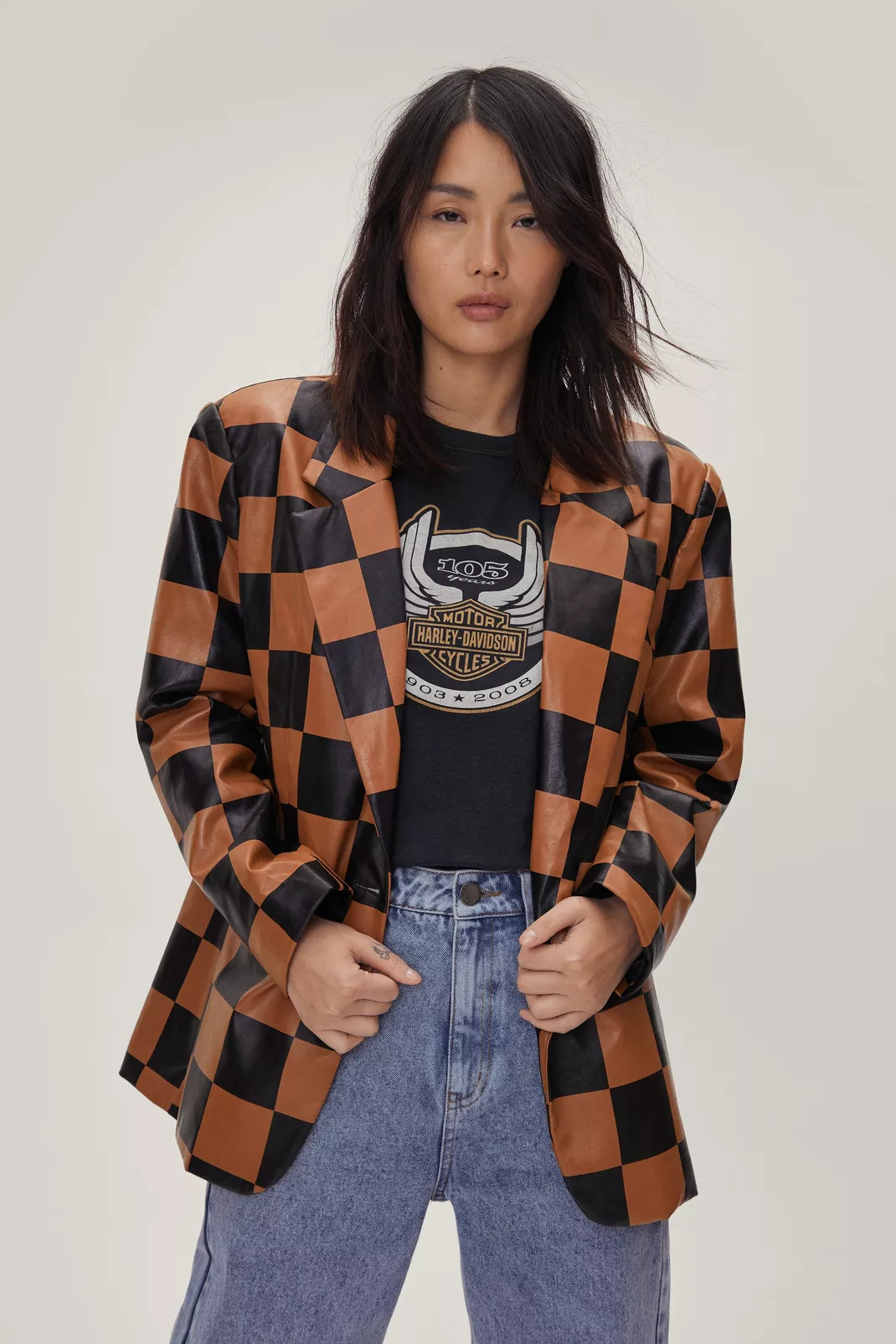 Checkerboard Faux Leather Blazer | Nasty Gal (US)