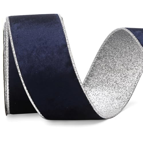 Ribbli Navy Velvet Wired Ribbon 2.5 Inch Navy Velvet with Silver Glitter Christmas Ribbon for Christmas Tree Decoration Big Bow Gift Wrapping Crafts Wreaths Supplies- 10 Yards | Amazon (US)