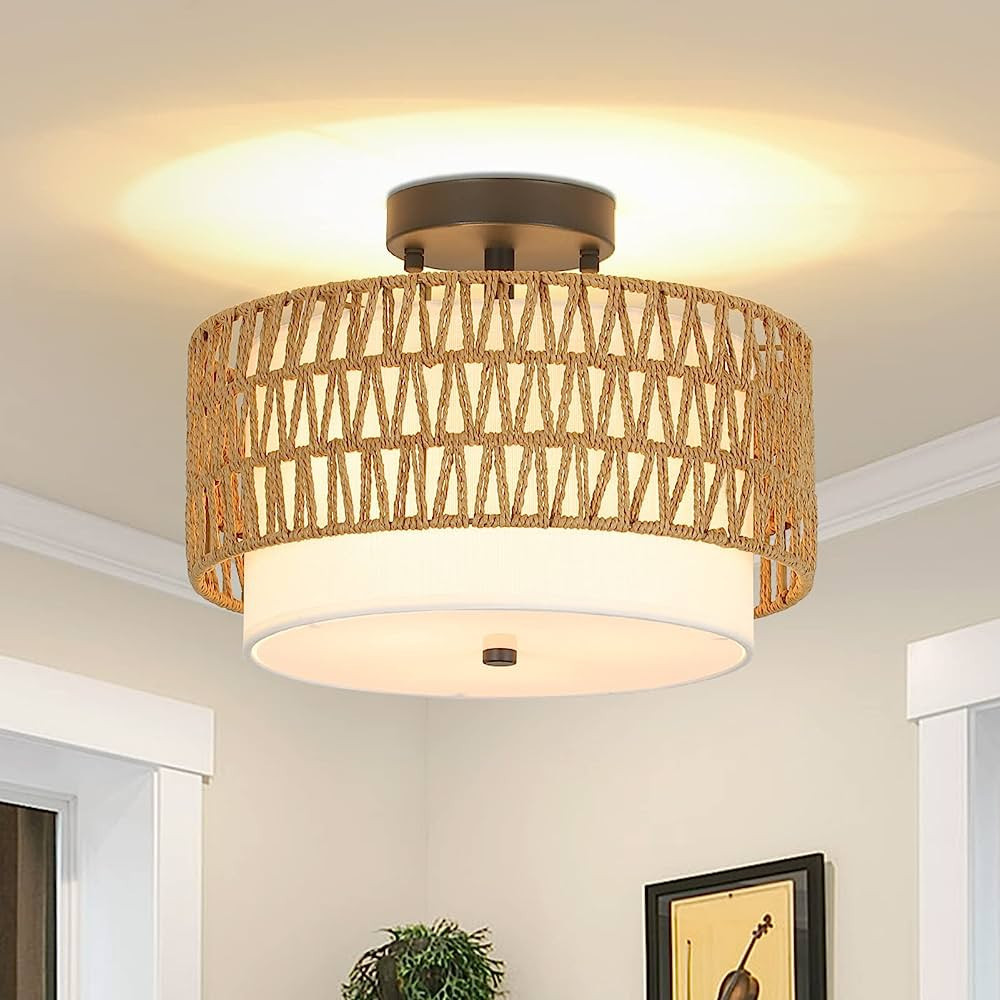 3-Light Semi Flush Mount Ceiling Light Fixture, Boho Rattan Light Fixtures Ceiling, Farmhouse Dru... | Amazon (US)