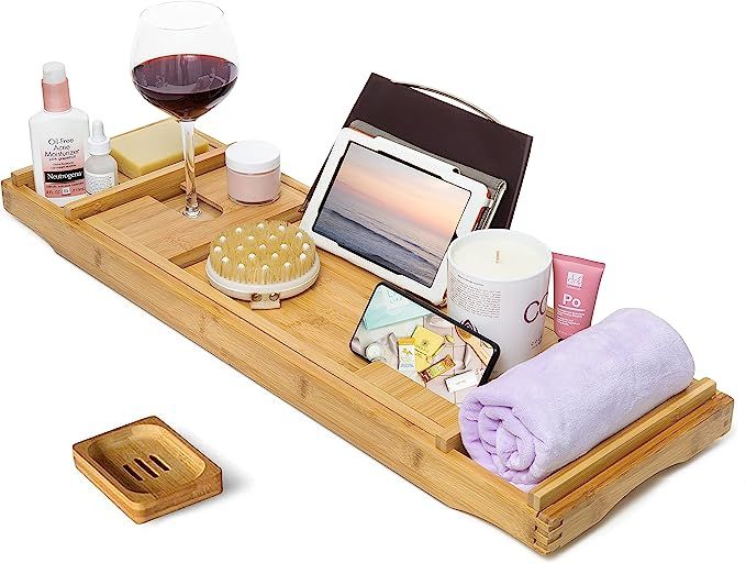 CINEYO Luxury Bamboo Bathtub Caddy Tray - Expandable Bath Table Over Tub with Wine Glass Book an... | Amazon (US)