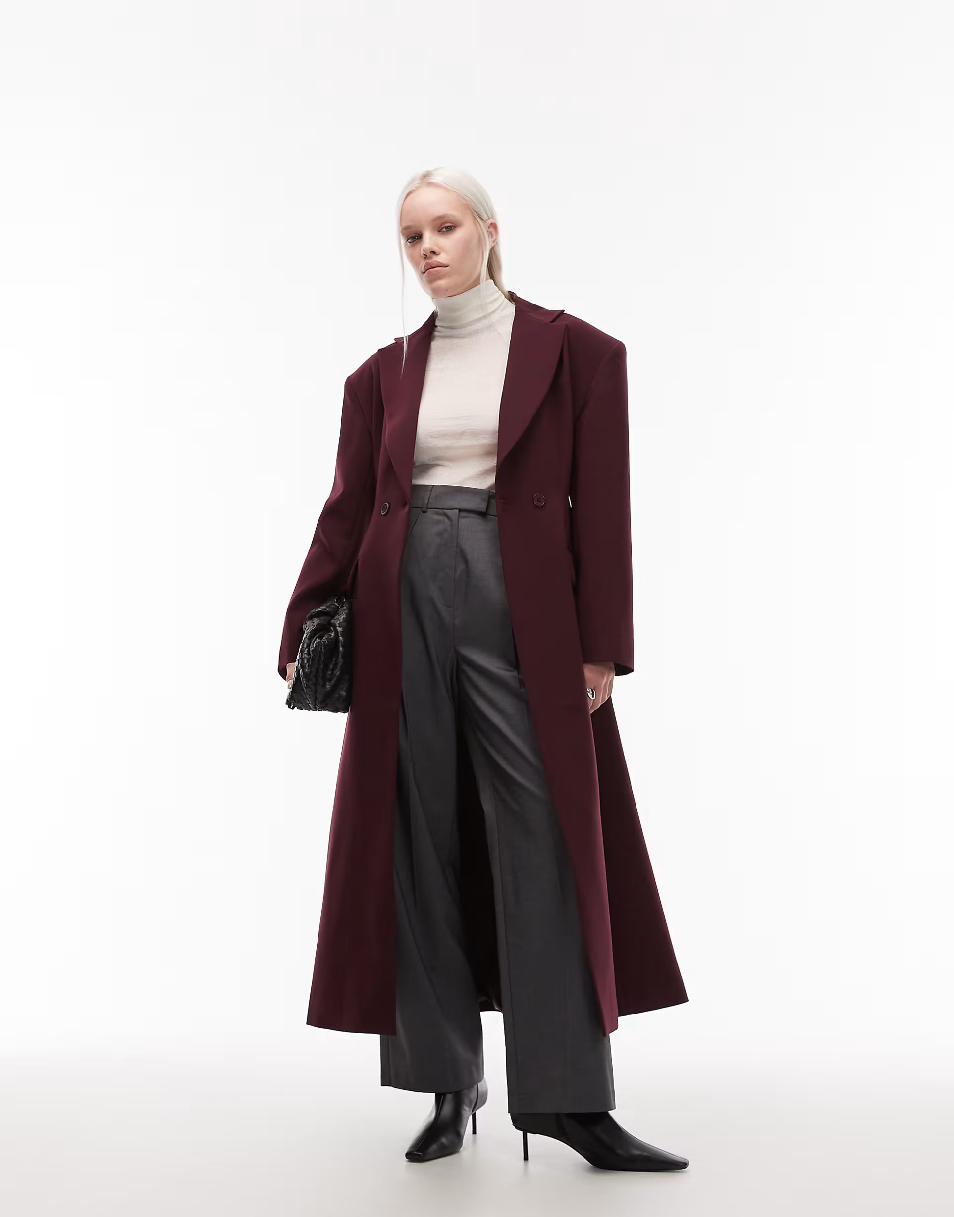 ASOS DESIGN tailored power shoulders belted overcoat in plum | ASOS | ASOS (Global)