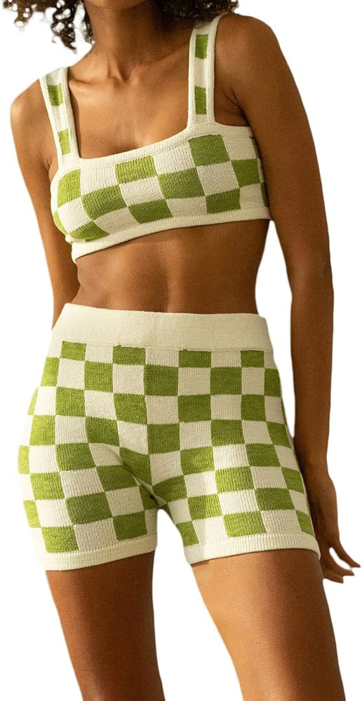 Women 2 Piece Knitted Outfits Strap Halter Backless Crop Tops High Waist Bodycon Mini Skirts Set ... | Amazon (US)