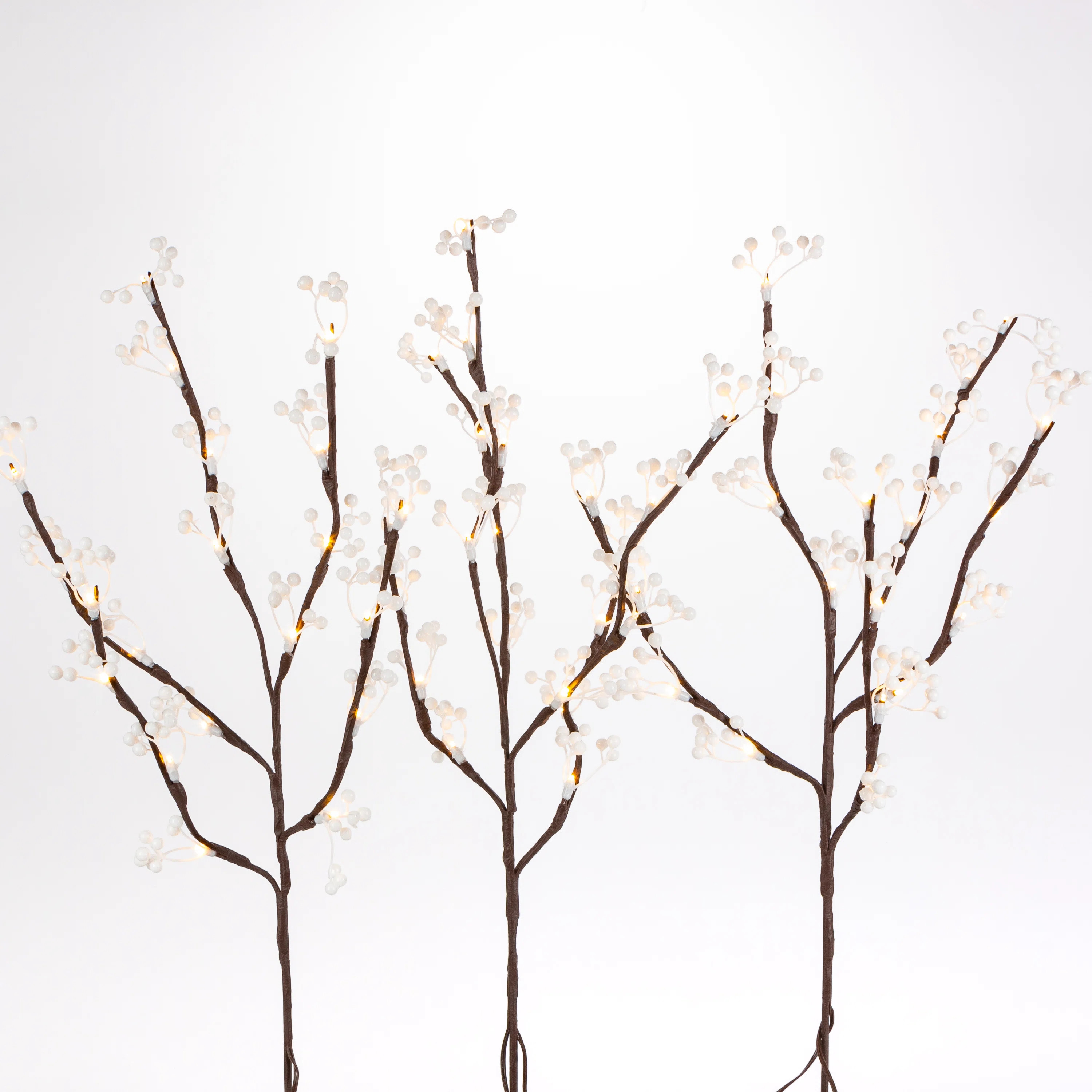 Set Of 3 Brown Branches With White Berries And Warm White Leds | Wayfair North America