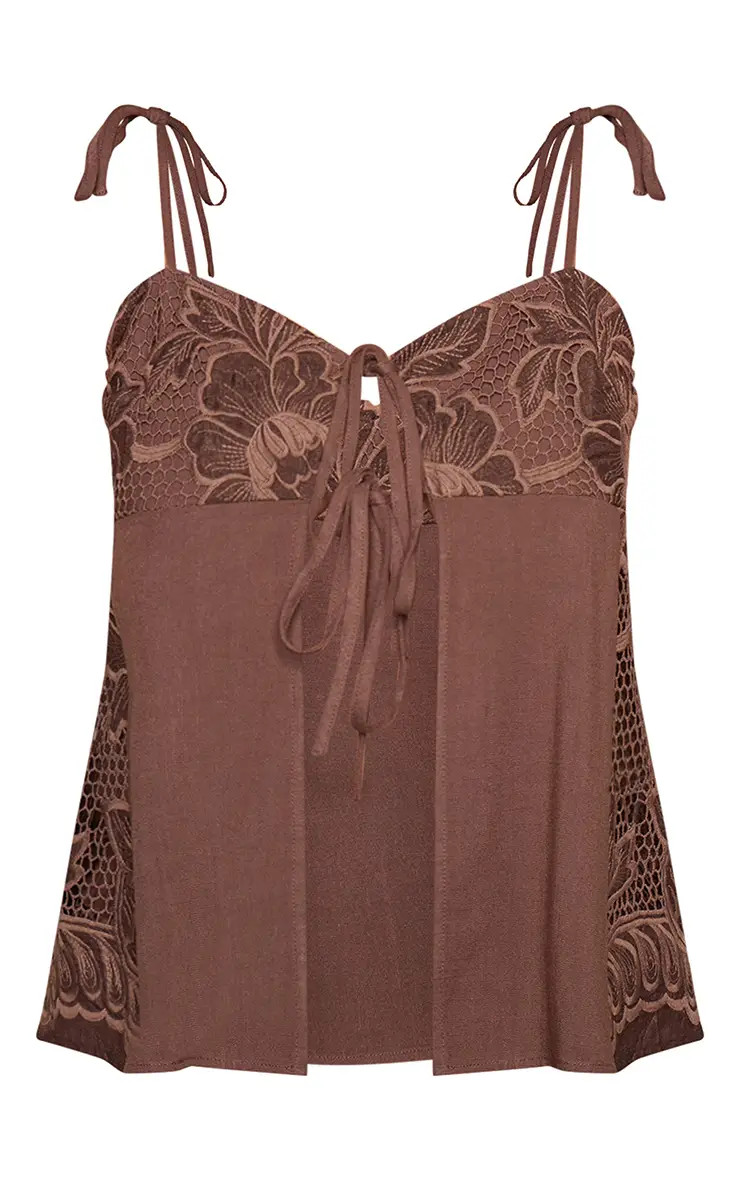 Dark Brown Floral Lace Applique Tie Detail Top Co-ord | PrettyLittleThing UK