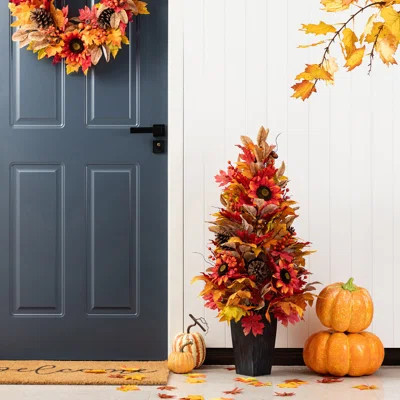 36"H Fall Sunflower, Pinecone And Berry Porch Tree | Wayfair North America