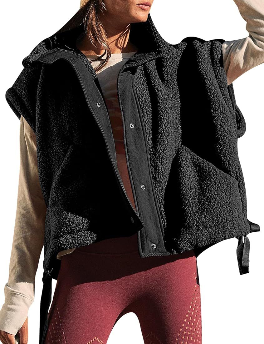 Women's Fleece Vest Casual Sleeveless Sherpa Jacket Oversized Button Down Vests Outerwear with Po... | Amazon (US)