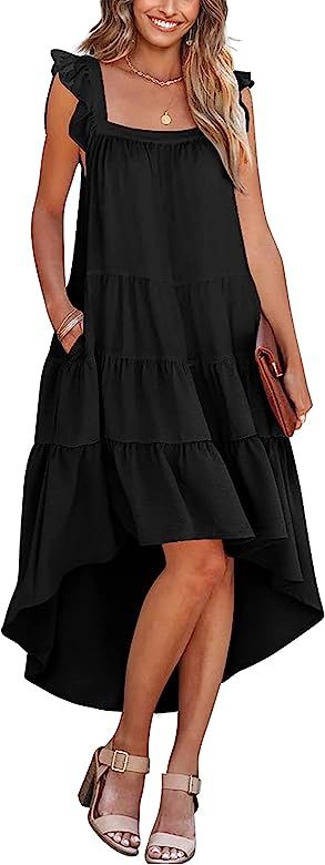 KIRUNDO Women’s Summer Sleeveless Ruffle High Low Dress Square Neck Midi Dress Casual Loose Fit Plea | Amazon (US)