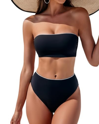 Holipick Black Women's Bandeau Bikini Set Strapless Two Piece Swimsuit High Waisted Cheeky Bathing Suit S | Amazon (US)