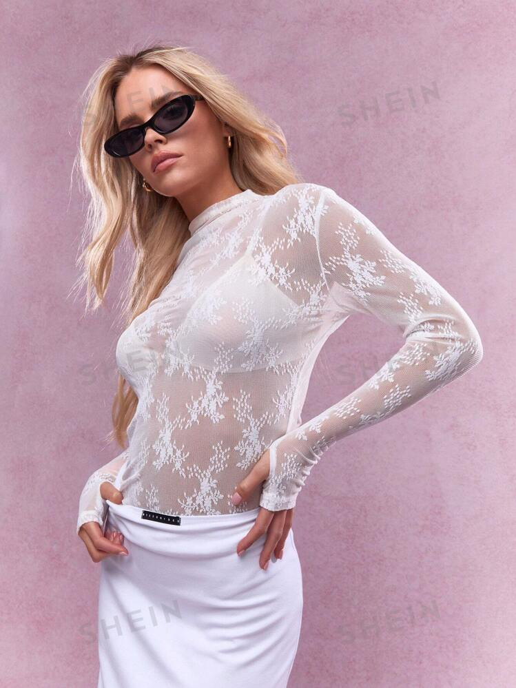 MISSGUIDED Sheer Lace Polo Neck Long Sleeves Top | SHEIN USA | SHEIN