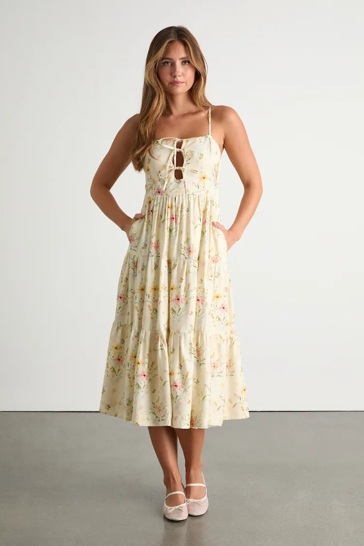 Nattie Pale Yellow Floral Tie-Front Tiered Midi Dress | Lulus