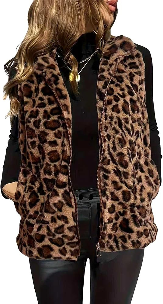 CORIRESHA Women's Leopard Print Faux Fur Vest Sleeveless Zip Up Gilet With Pockets For Winter Dai... | Amazon (US)