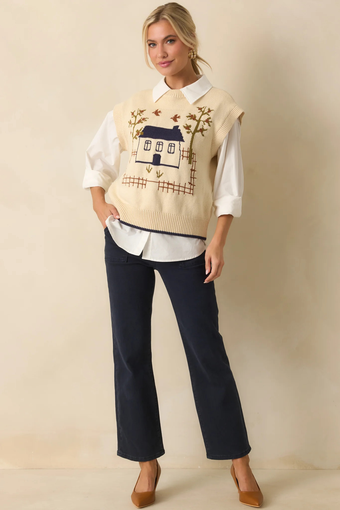 The Way Back Home Ivory Graphic Knit Sweater Vest | Red Dress