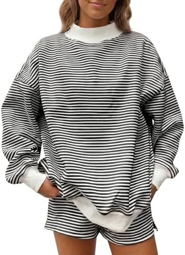 Fisoew Womens Striped 2 Piece Matching Sets Mock Neck Workout Lounge Outfit | Amazon (US)