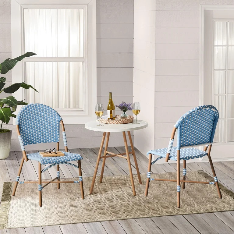 Better Homes & Gardens Lilah 2-Piece Steel Outdoor Wicker Bistro Chairs, Blue & White | Walmart (US)
