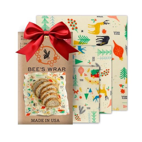 Bee's Wrap Reusable Beeswax Food Wraps Made in the USA, Eco Friendly Beeswax Food Wrap, Sustainable Food Storage Containers, Organic Cotton Food Wraps, Assorted 3 Pack (S, M, L), Winter Wonderland | Amazon (US)