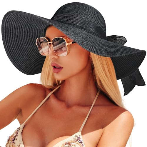 Beach Hats for Women, Straw Sun Hat with Wide Brim, Summer Floppy Beach Hats for Women, Packable Floppy Straw Garden Hat Black | Amazon (US)
