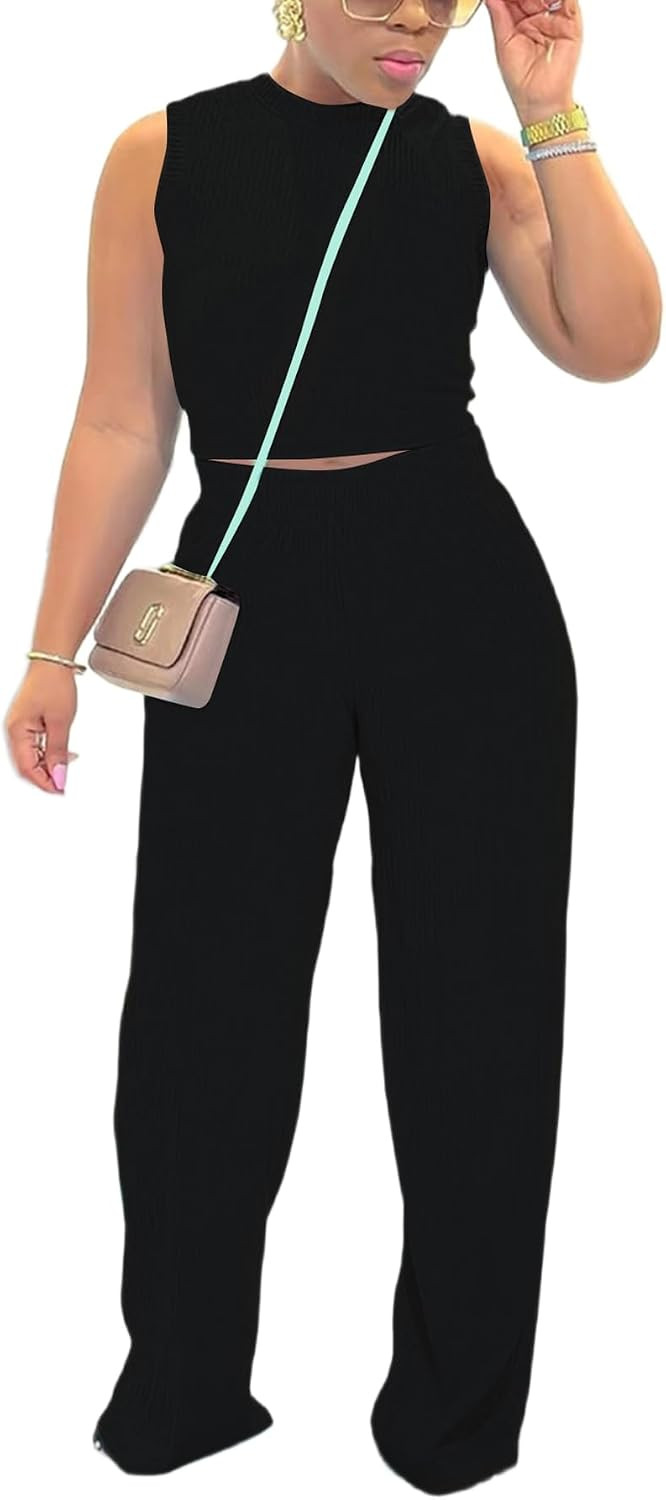 Women's Sleeveless 2 Piece Loungewear Set Soft Tank Top Wide Leg Pants Comfortable Casual Summer Outfit | Amazon (US)
