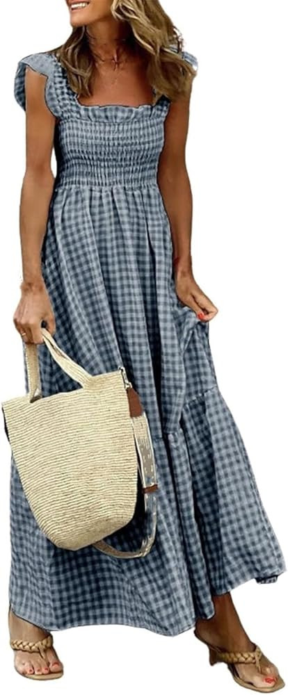 Multi Plaid Smocked Bust Maxi Dress,Women's Summer Ruffled Off Shoulder Maxi Dress,Spaghetti Stra... | Amazon (US)