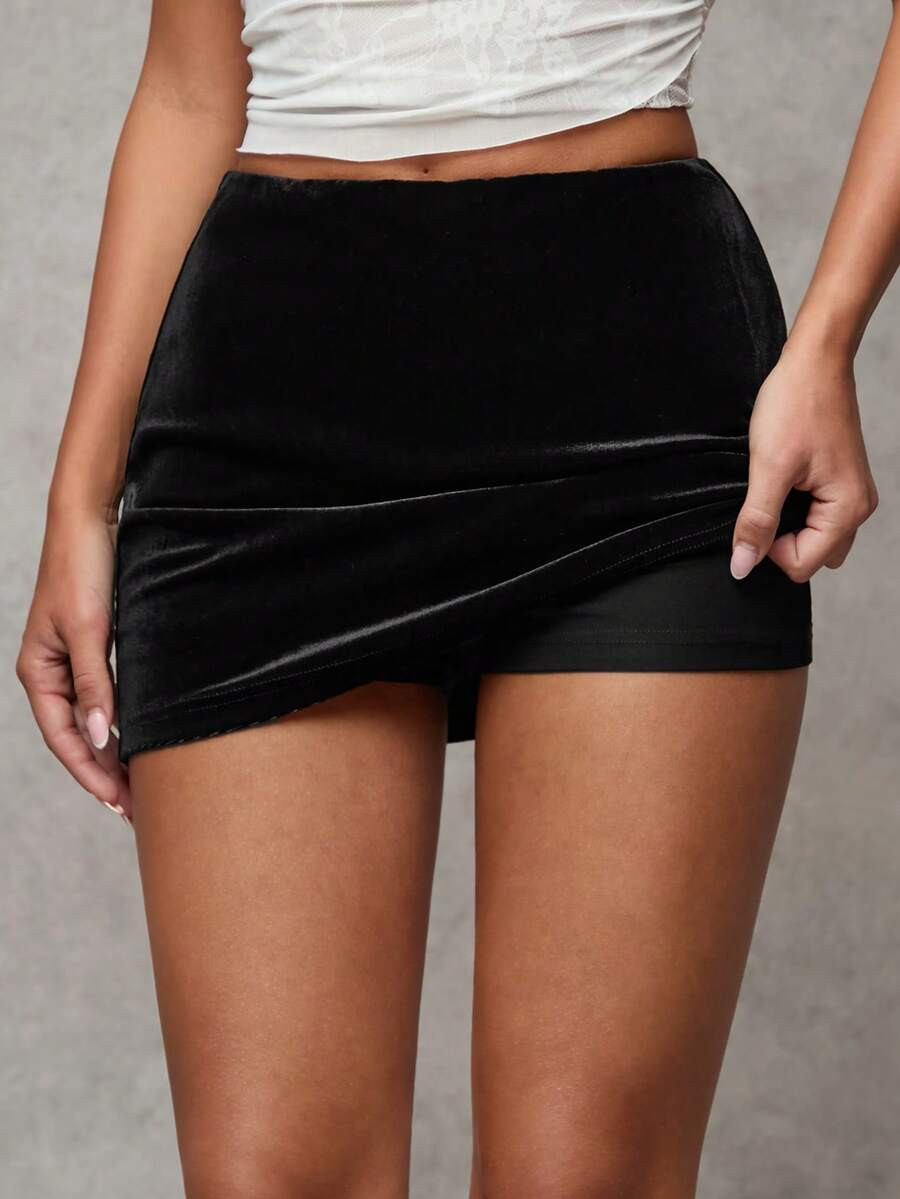 SHEIN BAE Plus Size Women Velvet Black Mini Skirt, Autumn/Winter,Party Festivals,Elegant Skirt, C... | SHEIN