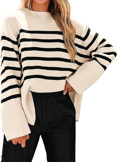 KIRUNDO Women's 2023 Fall Winter Casual Oversized Long Sleeve Striped Sweater Crew Neck Ribbed Kn... | Amazon (US)